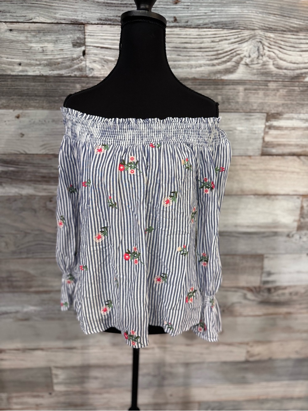 Miss Me Blue & White Striped Off-Shoulder Top with Pink Floral Embroidery
